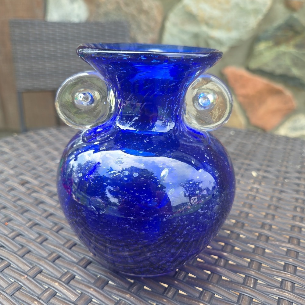 Tarnowiec Poland Blown Art Glass Vase Double Handled Cobalt Blue Clear Handles